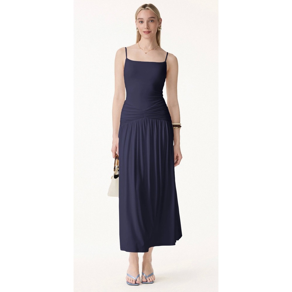 OGL Not-See-Thru Spaghetti Gathered Maxi Bra Dress Midnight Navy Blue NWT